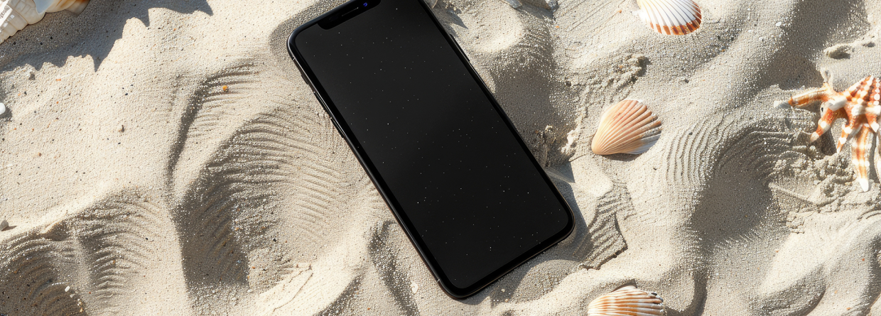 Offline telefoon op een strand met schelpen